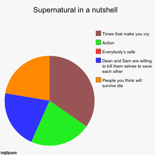 Supernatural in a nutshell  | People you think will survive die, Dean and Sam are willing to kill them selves to save each other , Everybody | image tagged in funny,pie charts | made w/ Imgflip chart maker
