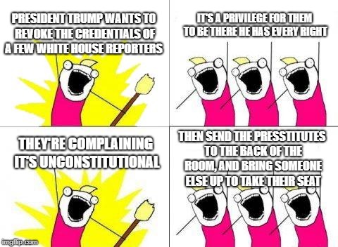 What to do | PRESIDENT TRUMP WANTS TO REVOKE THE CREDENTIALS OF A FEW WHITE HOUSE REPORTERS; IT'S A PRIVILEGE FOR THEM TO BE THERE HE HAS EVERY RIGHT; THEN SEND THE PRESSTITUTES TO THE BACK OF THE ROOM, AND BRING SOMEONE ELSE UP TO TAKE THEIR SEAT; THEY'RE COMPLAINING IT'S UNCONSTITUTIONAL | image tagged in memes,what do we want,fake news | made w/ Imgflip meme maker