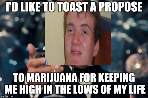 Marijuano Dicaprio | I'D LIKE TO TOAST A PROPOSE; TO MARIJUANA FOR KEEPING ME HIGH IN THE LOWS OF MY LIFE | image tagged in memes,leonardo dicaprio cheers,10 guy | made w/ Imgflip meme maker