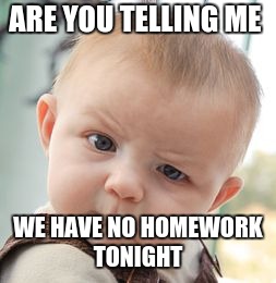 Skeptical Baby | ARE YOU TELLING ME; WE HAVE NO HOMEWORK TONIGHT | image tagged in memes,skeptical baby | made w/ Imgflip meme maker