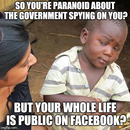 Government spying on you? | SO YOU'RE PARANOID ABOUT THE GOVERNMENT SPYING ON YOU? BUT YOUR WHOLE LIFE IS PUBLIC ON FACEBOOK? | image tagged in memes,third world skeptical kid,government surveillance | made w/ Imgflip meme maker