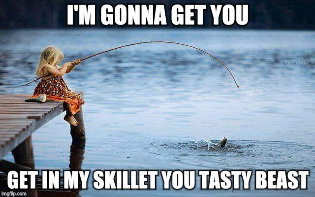 Little Girl Fishing | I'M GONNA GET YOU; GET IN MY SKILLET YOU TASTY BEAST | image tagged in children,fishing | made w/ Imgflip meme maker