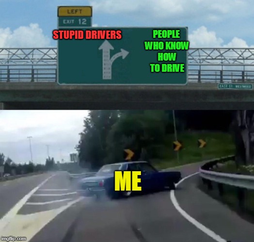 Left Exit 12 Off Ramp Meme | STUPID DRIVERS ME PEOPLE WHO KNOW HOW TO DRIVE | image tagged in memes,left exit 12 off ramp | made w/ Imgflip meme maker