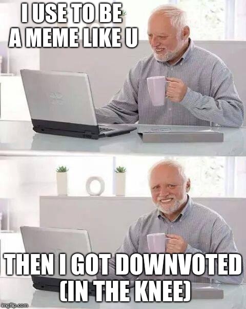 Hide the Pain Harold Meme | I USE TO BE A MEME LIKE U; THEN I GOT DOWNVOTED (IN THE KNEE) | image tagged in memes,hide the pain harold | made w/ Imgflip meme maker