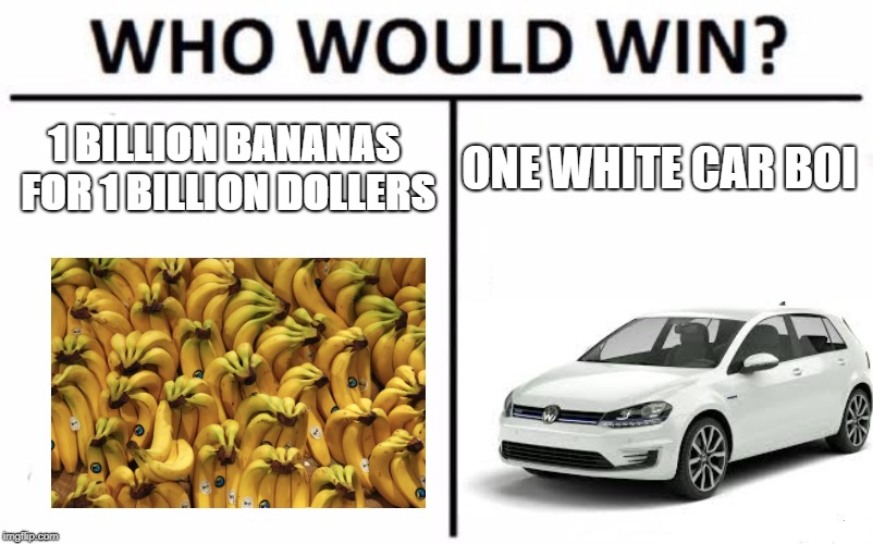 Who Would Win? Meme | 1 BILLION BANANAS FOR 1 BILLION DOLLERS; ONE WHITE CAR BOI | image tagged in memes,who would win | made w/ Imgflip meme maker