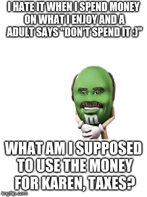Kids are thinking like this | I HATE IT WHEN I SPEND MONEY ON WHAT I ENJOY AND A ADULT SAYS "DON'T SPEND IT :)"; WHAT AM I SUPPOSED TO USE THE MONEY FOR KAREN, TAXES? | image tagged in yes | made w/ Imgflip meme maker