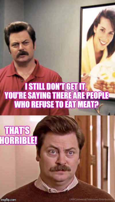 I'm not a vegan | THAT'S HORRIBLE! I STILL DON'T GET IT, YOU'RE SAYING THERE ARE PEOPLE WHO REFUSE TO EAT MEAT? | image tagged in ron swanson | made w/ Imgflip meme maker