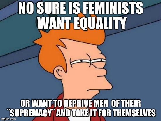 Futurama Fry Meme | NO SURE IS FEMINISTS WANT EQUALITY; OR WANT TO DEPRIVE MEN  OF THEIR ¨SUPREMACY¨ AND TAKE IT FOR THEMSELVES | image tagged in memes,futurama fry | made w/ Imgflip meme maker