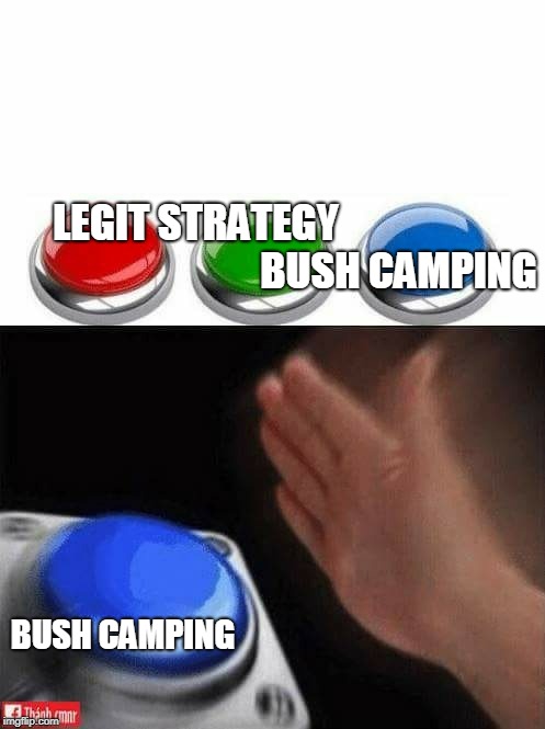 Three Buttons | LEGIT STRATEGY                                         
        BUSH CAMPING; BUSH CAMPING | image tagged in three buttons | made w/ Imgflip meme maker