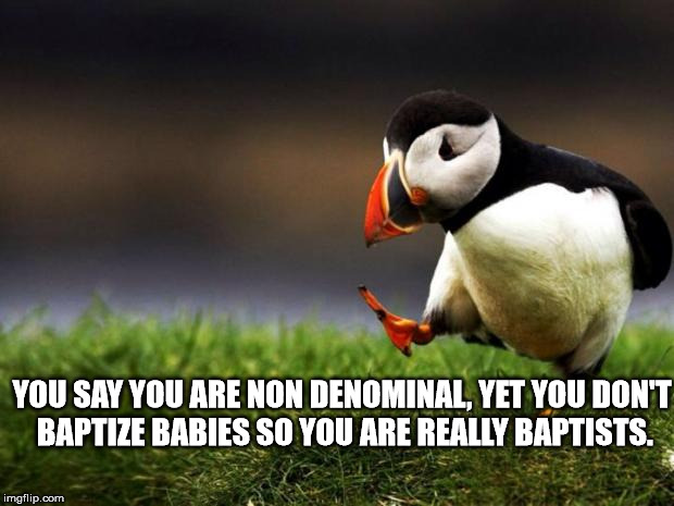 Unpopular Opinion Puffin Meme | YOU SAY YOU ARE NON DENOMINAL, YET YOU DON'T BAPTIZE BABIES SO YOU ARE REALLY BAPTISTS. | image tagged in memes,unpopular opinion puffin | made w/ Imgflip meme maker