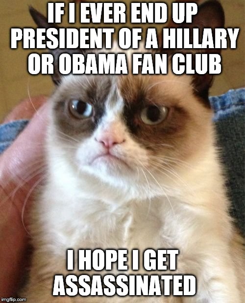 Grumpy Cat Meme | IF I EVER END UP PRESIDENT OF A HILLARY OR OBAMA FAN CLUB; I HOPE I GET ASSASSINATED | image tagged in memes,grumpy cat,hillary clinton,obama | made w/ Imgflip meme maker