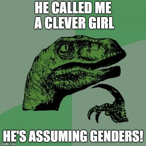 Philosoraptor | HE CALLED ME A CLEVER GIRL; HE'S ASSUMING GENDERS! | image tagged in memes,philosoraptor | made w/ Imgflip meme maker