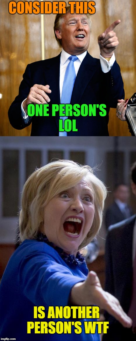 The politics of LOL and WTF | CONSIDER THIS; ONE PERSON'S LOL; IS ANOTHER PERSON'S WTF | image tagged in lol,wtf,memes,funny,donald trump,hillary clinton | made w/ Imgflip meme maker