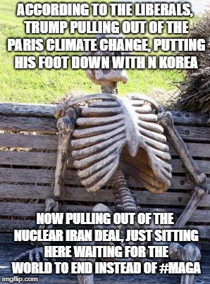 Waiting Skeleton Meme | ACCORDING TO THE LIBERALS, TRUMP PULLING OUT OF THE PARIS CLIMATE CHANGE, PUTTING HIS FOOT DOWN WITH N KOREA; NOW PULLING OUT OF THE NUCLEAR IRAN DEAL, JUST SITTING HERE WAITING FOR THE WORLD TO END INSTEAD OF #MAGA | image tagged in memes,waiting skeleton | made w/ Imgflip meme maker