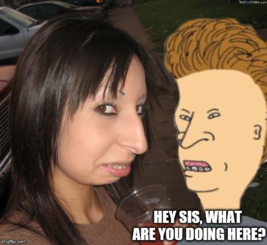 HEY SIS, WHAT ARE YOU DOING HERE? | image tagged in butthead,girl who looks like butthead | made w/ Imgflip meme maker