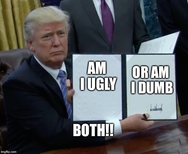 Donald ugly trump | AM I UGLY; OR AM I DUMB; BOTH!! | image tagged in memes,trump bill signing | made w/ Imgflip meme maker