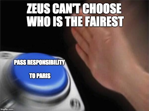 Blank Nut Button | ZEUS CAN'T CHOOSE WHO IS THE FAIREST; PASS RESPONSIBILITY TO PARIS | image tagged in memes,blank nut button | made w/ Imgflip meme maker
