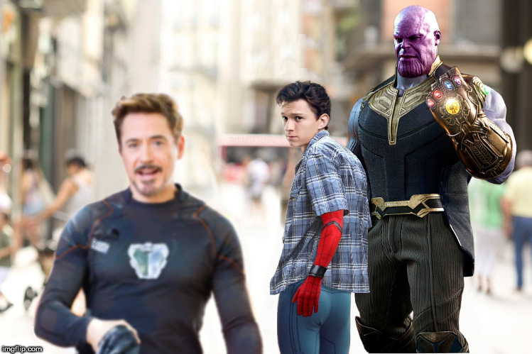 distracted boyfriend | image tagged in avengers,infinity war,tony stark,thanos,spiderman,ironman | made w/ Imgflip meme maker