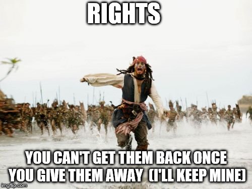 Jack Sparrow Being Chased Meme | RIGHTS; YOU CAN'T GET THEM BACK ONCE YOU GIVE THEM AWAY  (I'LL KEEP MINE) | image tagged in memes,jack sparrow being chased | made w/ Imgflip meme maker