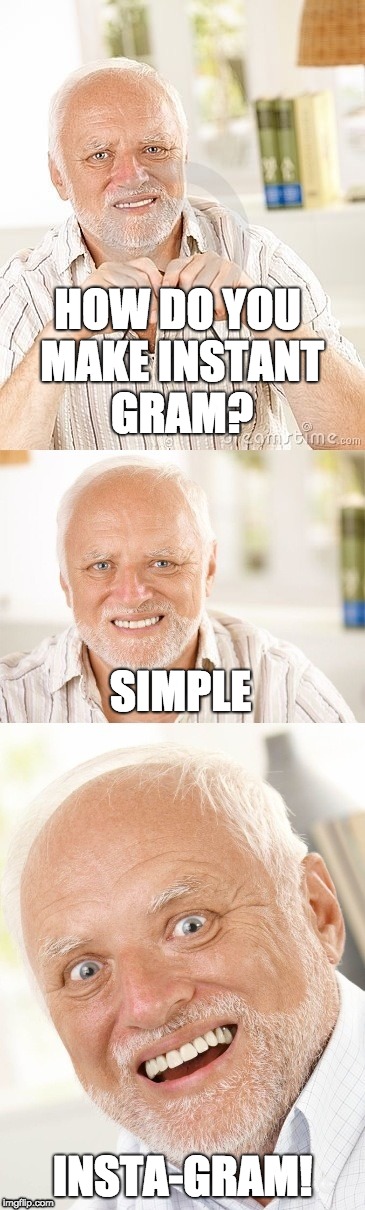 Instant Gram | HOW DO YOU MAKE INSTANT GRAM? SIMPLE; INSTA-GRAM! | image tagged in hide the pun harold | made w/ Imgflip meme maker