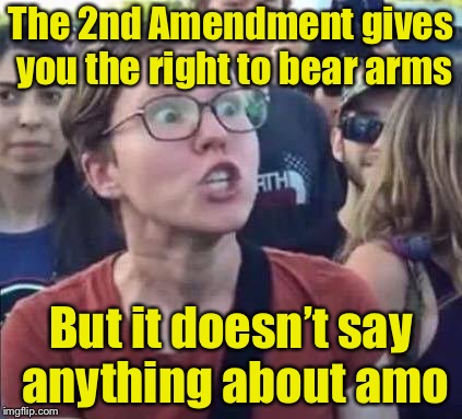 It’s just a matter of time before this argument makes its way to the Supreme Court | The 2nd Amendment gives you the right to bear arms; But it doesn’t say anything about amo | image tagged in angry liberal,memes,2nd amendment,liberals,right to bear arms | made w/ Imgflip meme maker