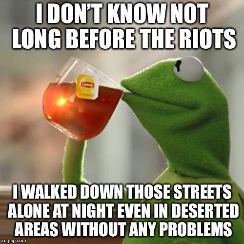 But That's None Of My Business Meme | I DON’T KNOW NOT LONG BEFORE THE RIOTS I WALKED DOWN THOSE STREETS ALONE AT NIGHT EVEN IN DESERTED AREAS WITHOUT ANY PROBLEMS | image tagged in memes,but thats none of my business,kermit the frog | made w/ Imgflip meme maker