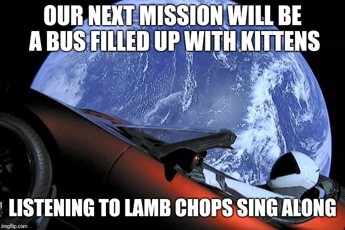 Tesla Space Car | OUR NEXT MISSION WILL BE A BUS FILLED UP WITH KITTENS; LISTENING TO LAMB CHOPS SING ALONG | image tagged in tesla space car | made w/ Imgflip meme maker