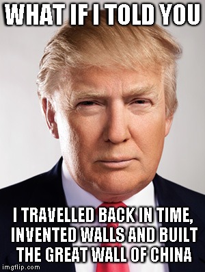 Donald Trump | WHAT IF I TOLD YOU; I TRAVELLED BACK IN TIME, INVENTED WALLS AND BUILT THE GREAT WALL OF CHINA | image tagged in donald trump | made w/ Imgflip meme maker