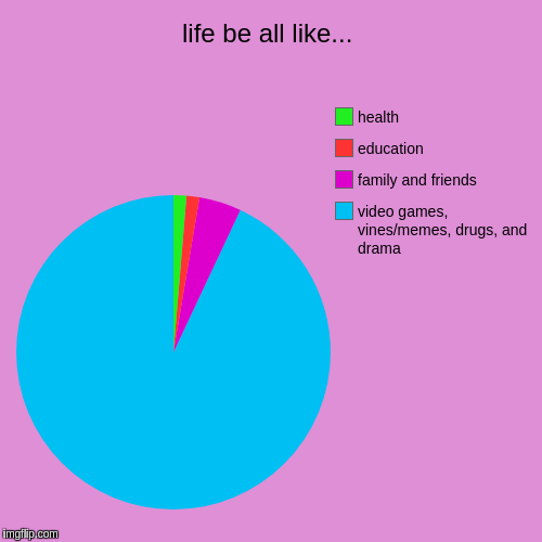 life be all like... | video games, vines/memes, drugs, and drama, family and friends, education, health | image tagged in funny,pie charts | made w/ Imgflip chart maker