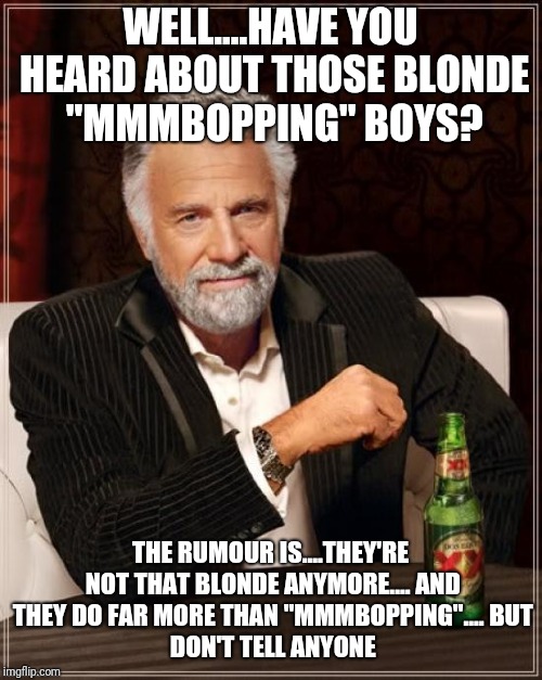 The Most Interesting Man In The World Meme | WELL....HAVE YOU HEARD ABOUT THOSE BLONDE "MMMBOPPING" BOYS? THE RUMOUR IS....THEY'RE NOT THAT BLONDE ANYMORE....
AND THEY DO FAR MORE THAN "MMMBOPPING"....
BUT DON'T TELL ANYONE | image tagged in memes,the most interesting man in the world | made w/ Imgflip meme maker