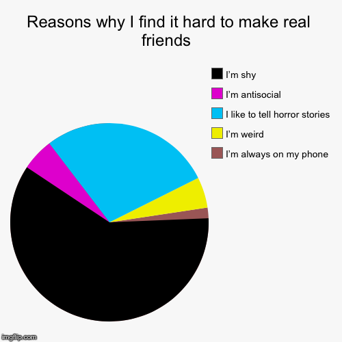Reasons why I find it hard to make real friends  | I’m always on my phone, I’m weird, I like to tell horror stories, I’m antisocial , I’m sh | image tagged in funny,pie charts | made w/ Imgflip chart maker