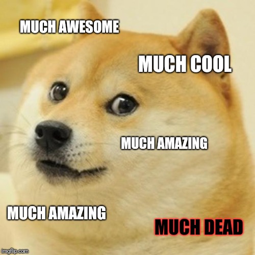 Doge | MUCH AWESOME; MUCH COOL; MUCH AMAZING; MUCH AMAZING; MUCH DEAD | image tagged in memes,doge | made w/ Imgflip meme maker