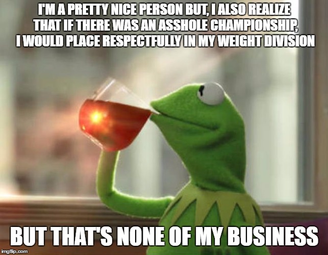 But That's None Of My Business (Neutral) Meme | I'M A PRETTY NICE PERSON BUT, I ALSO REALIZE THAT IF THERE WAS AN ASSHOLE CHAMPIONSHIP, I WOULD PLACE RESPECTFULLY IN MY WEIGHT DIVISION; BUT THAT'S NONE OF MY BUSINESS | image tagged in memes,but thats none of my business neutral,random | made w/ Imgflip meme maker