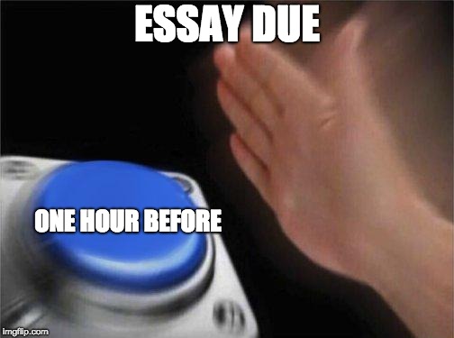 Nut Button | ESSAY DUE; ONE HOUR BEFORE | image tagged in nut button | made w/ Imgflip meme maker
