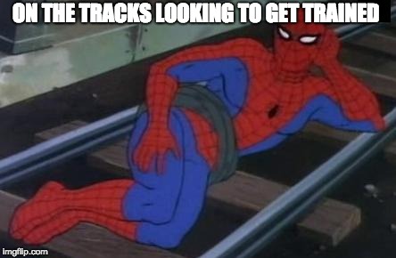 Sexy Railroad Spiderman | ON THE TRACKS LOOKING TO GET TRAINED | image tagged in memes,sexy railroad spiderman,spiderman | made w/ Imgflip meme maker