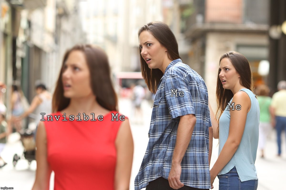 Distracted Boyfriend Paranoia | Me Invisible Me Me | image tagged in distracted boyfriend paranoia | made w/ Imgflip meme maker