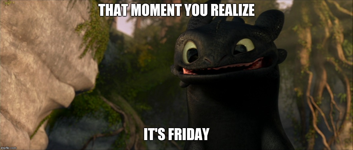 Toothless Realizes It's Friday | THAT MOMENT YOU REALIZE; IT'S FRIDAY | image tagged in lol,toothless,smile | made w/ Imgflip meme maker