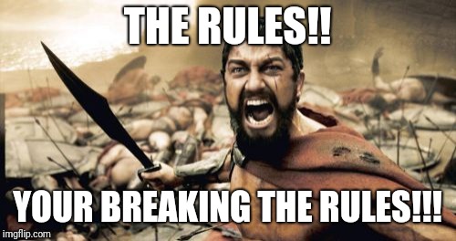 Sparta Leonidas Meme | THE RULES!! YOUR BREAKING THE RULES!!! | image tagged in memes,sparta leonidas | made w/ Imgflip meme maker