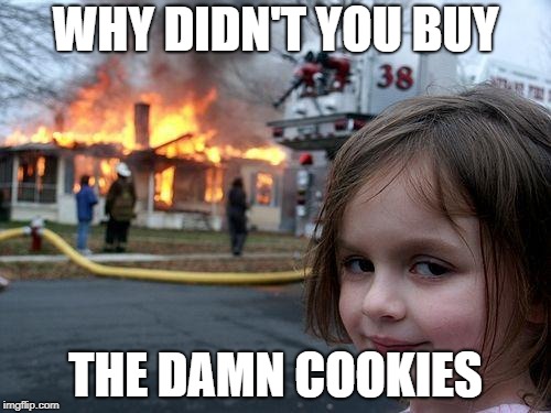 Disaster Girl | WHY DIDN'T YOU BUY; THE DAMN COOKIES | image tagged in memes,disaster girl | made w/ Imgflip meme maker