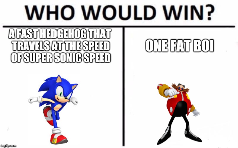 Who Would Win? Meme | ONE FAT BOI; A FAST HEDGEHOG THAT TRAVELS AT THE SPEED OF SUPER SONIC SPEED | image tagged in memes,who would win | made w/ Imgflip meme maker