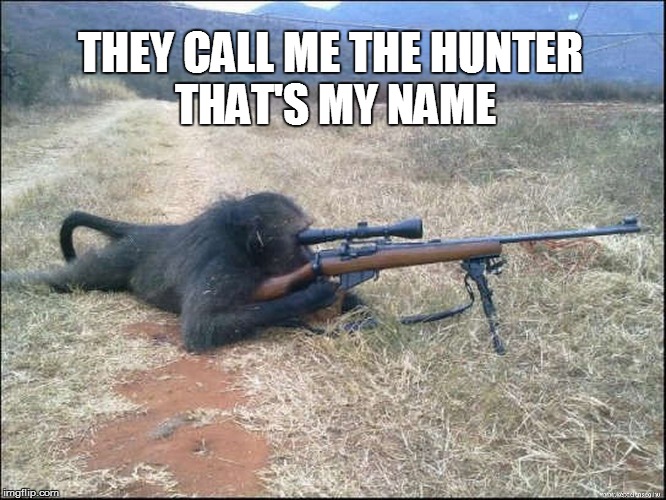 The Hunter | THEY CALL ME THE HUNTER 
THAT'S MY NAME | image tagged in hunter,monkey,chimpanzee,gun,revenge | made w/ Imgflip meme maker