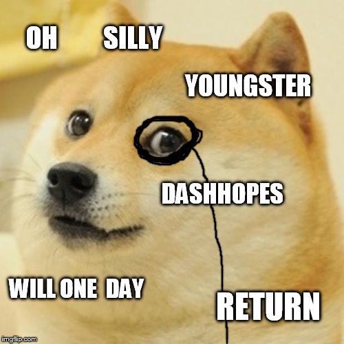 we will be waiting | OH         SILLY; YOUNGSTER; DASHHOPES; WILL ONE  DAY; RETURN | image tagged in memes,doge | made w/ Imgflip meme maker