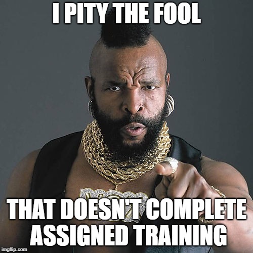 Mr T Pity The Fool | I PITY THE FOOL; THAT DOESN'T COMPLETE ASSIGNED TRAINING | image tagged in memes,mr t pity the fool | made w/ Imgflip meme maker