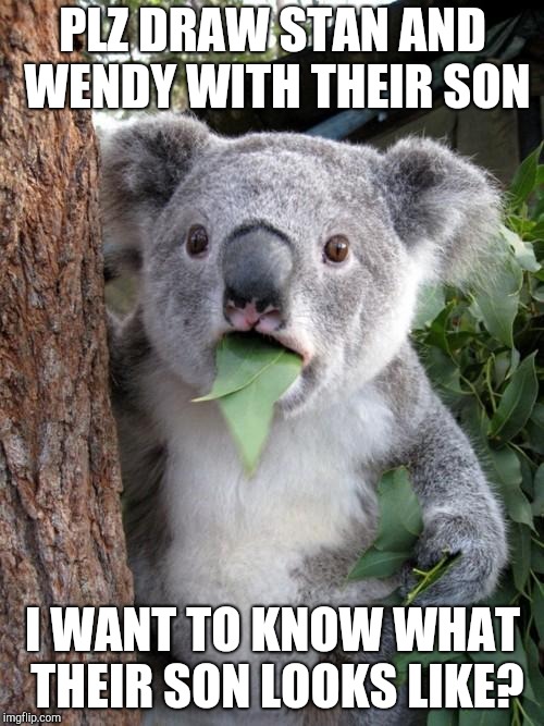 Surprised Koala Meme | PLZ DRAW STAN AND WENDY WITH THEIR SON; I WANT TO KNOW WHAT THEIR SON LOOKS LIKE? | image tagged in memes,surprised koala,south park,southpark,south park craig | made w/ Imgflip meme maker