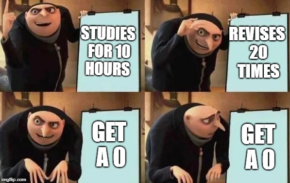 Gru's Plan Meme | STUDIES FOR 10 HOURS; REVISES 20 TIMES; GET A 0; GET A 0 | image tagged in gru's plan | made w/ Imgflip meme maker