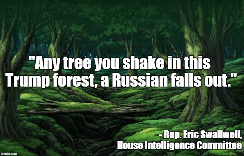 Russian Trees | "Any tree you shake in this Trump forest, a Russian falls out."; - Rep. Eric Swallwell, House Intelligence Committee | image tagged in political meme | made w/ Imgflip meme maker