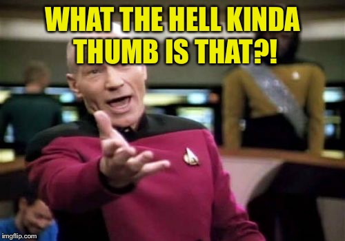 Picard Wtf Meme | WHAT THE HELL KINDA THUMB IS THAT?! | image tagged in memes,picard wtf | made w/ Imgflip meme maker