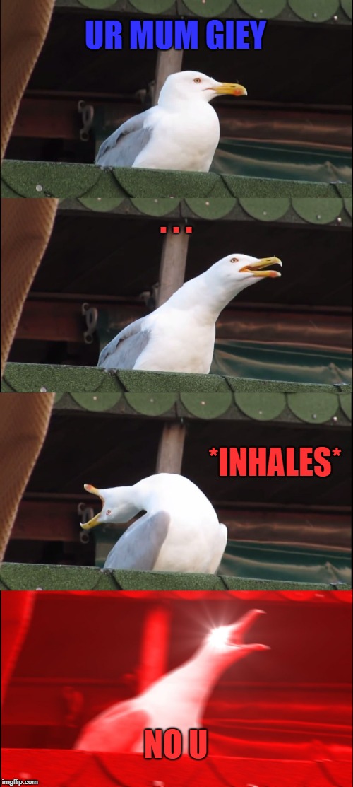 Inhaling Seagull Meme | UR MUM GIEY; . . . *INHALES*; NO U | image tagged in memes,inhaling seagull | made w/ Imgflip meme maker