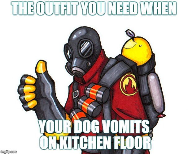 pyro approval | THE OUTFIT YOU NEED WHEN; YOUR DOG VOMITS ON KITCHEN FLOOR | image tagged in pyro approval | made w/ Imgflip meme maker