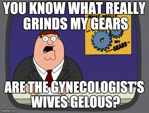 Peter Griffin News | YOU KNOW WHAT REALLY GRINDS MY GEARS; ARE THE GYNECOLOGIST'S WIVES GELOUS? | image tagged in memes,peter griffin news | made w/ Imgflip meme maker